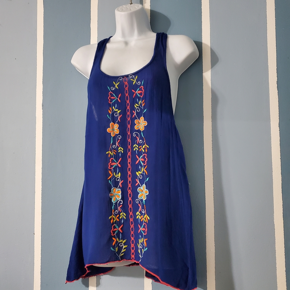 Sleeveless Royal Blue Tank Top with Colorful Floral Embroidery